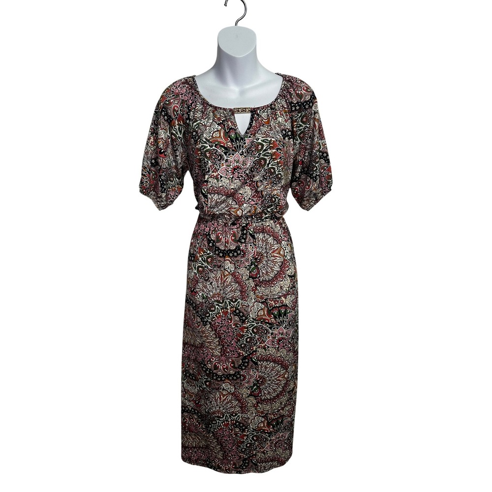 Joie De Vivre Womens Paisley Medallion Midi Dress‎ Pink Green Short Sleeve M